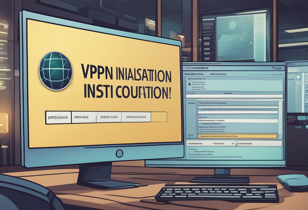 A computer screen displays a VPN installation and configuration process with a series of prompts and settings options