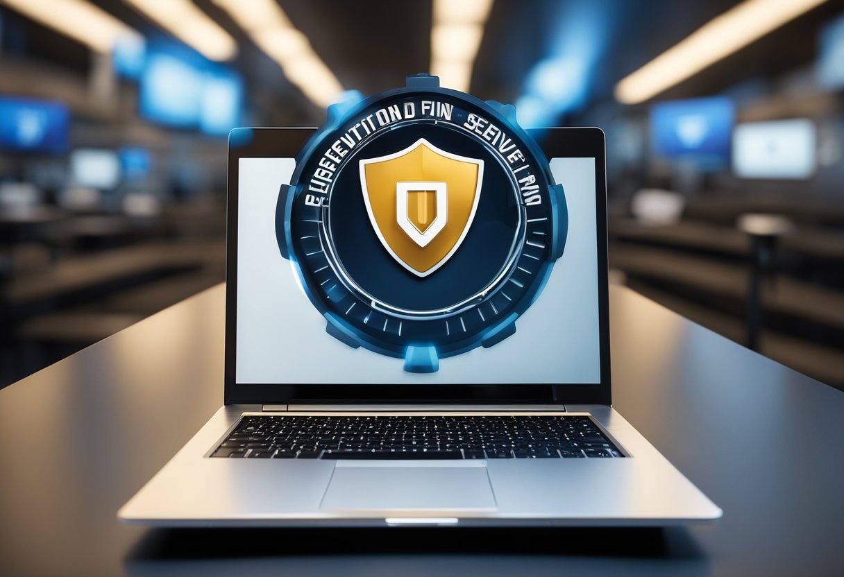 A laptop with a VPN logo connecting to a secure server, surrounded by a shield symbolizing protection and privacy