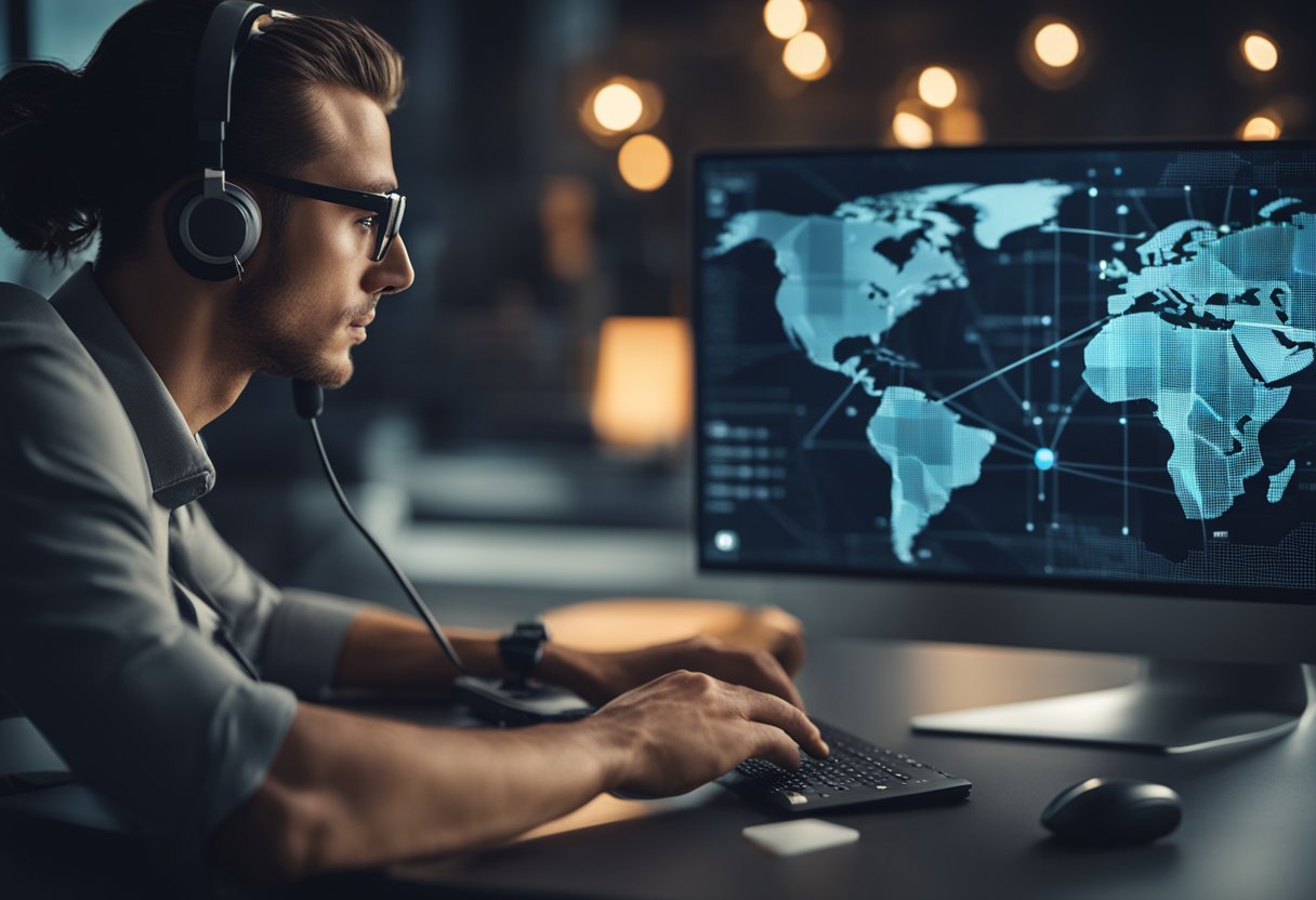 A person sitting at a computer, connecting to a VPN with a secure lock icon displayed on the screen