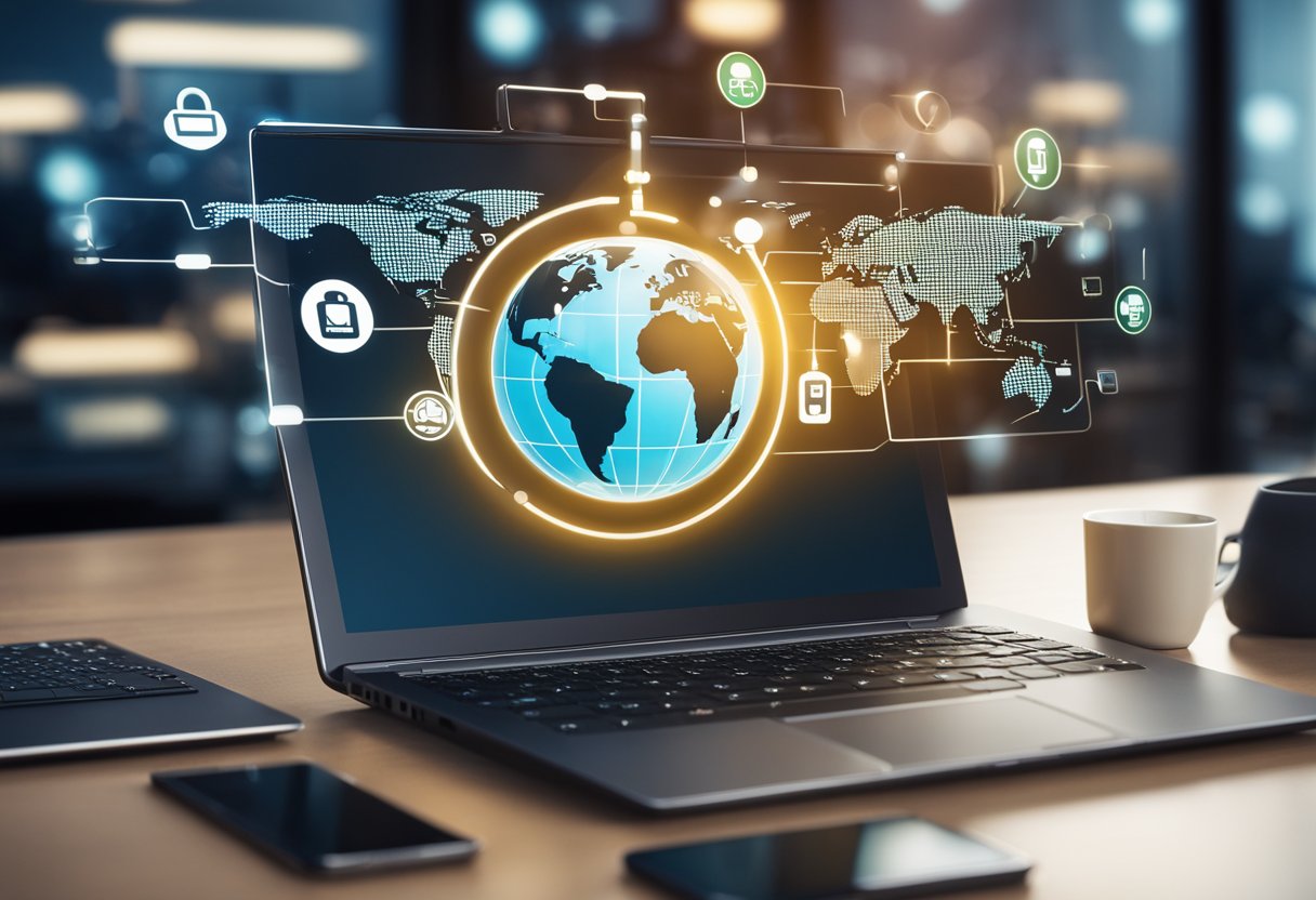 A laptop displaying a VPN interface with a globe and padlock icon, surrounded by various devices like smartphones and tablets