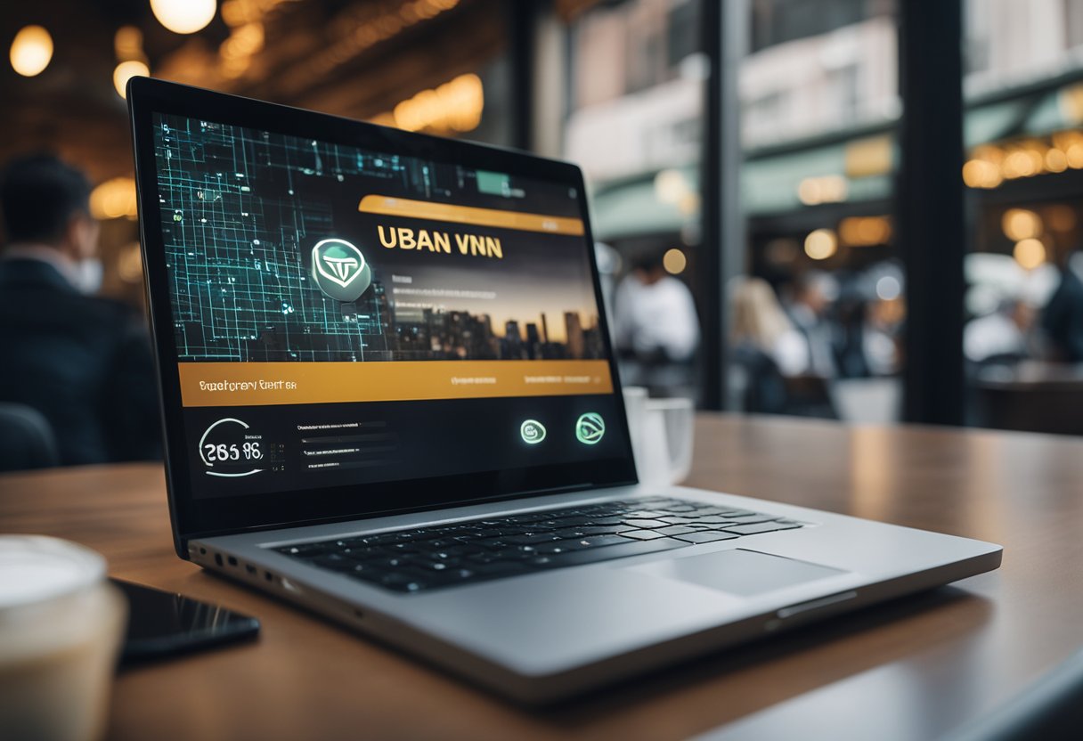 A person using Urban VPN on their laptop in a bustling city cafe. The laptop screen displays the Urban VPN interface with a secure connection symbol