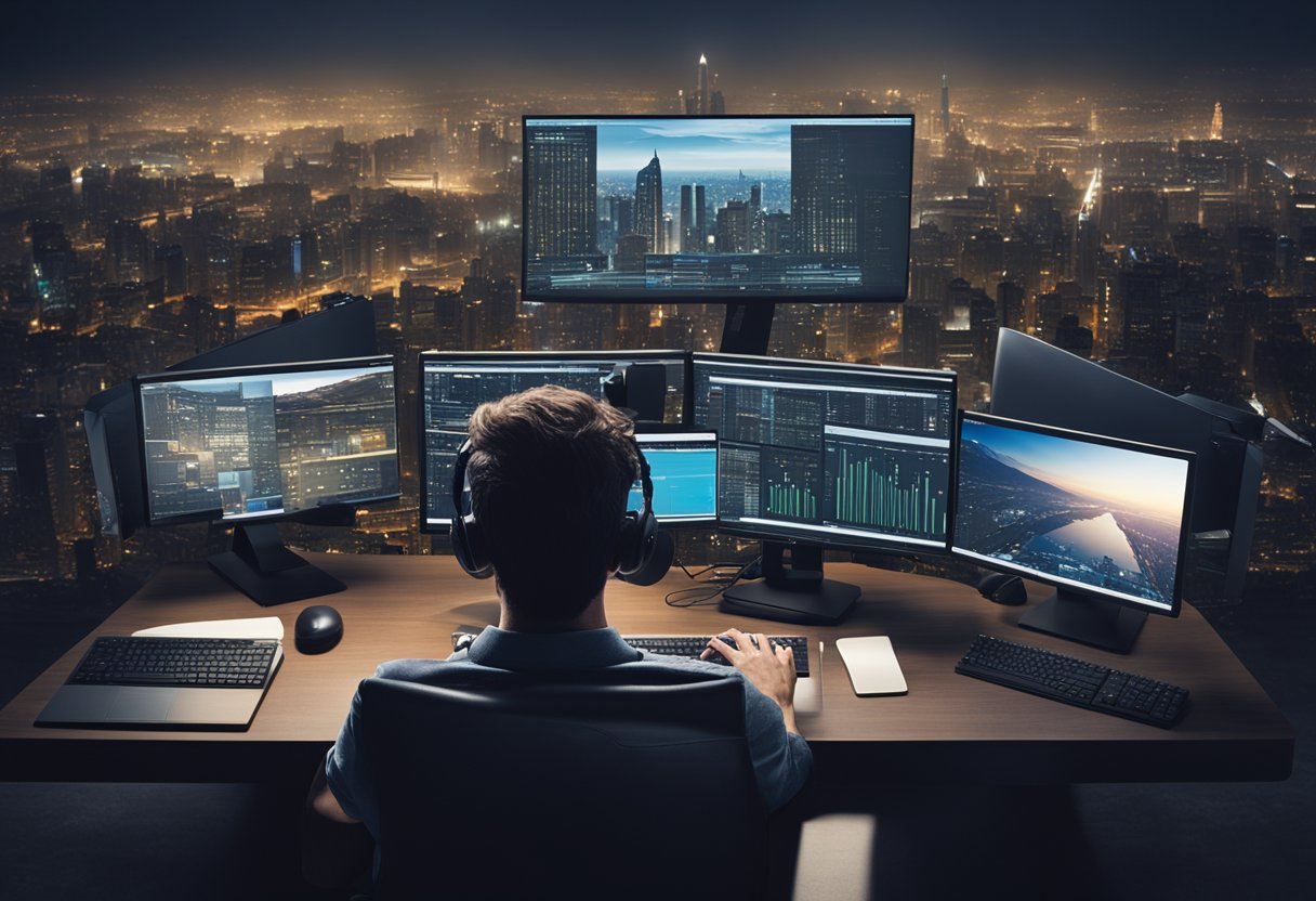 A person sitting at a computer with a puzzled expression, surrounded by various technological devices and a cityscape in the background