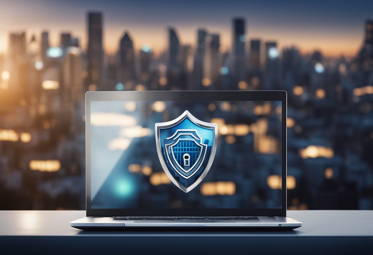 A laptop with a secure lock icon, surrounded by a shield and a privacy symbol, with a city skyline in the background