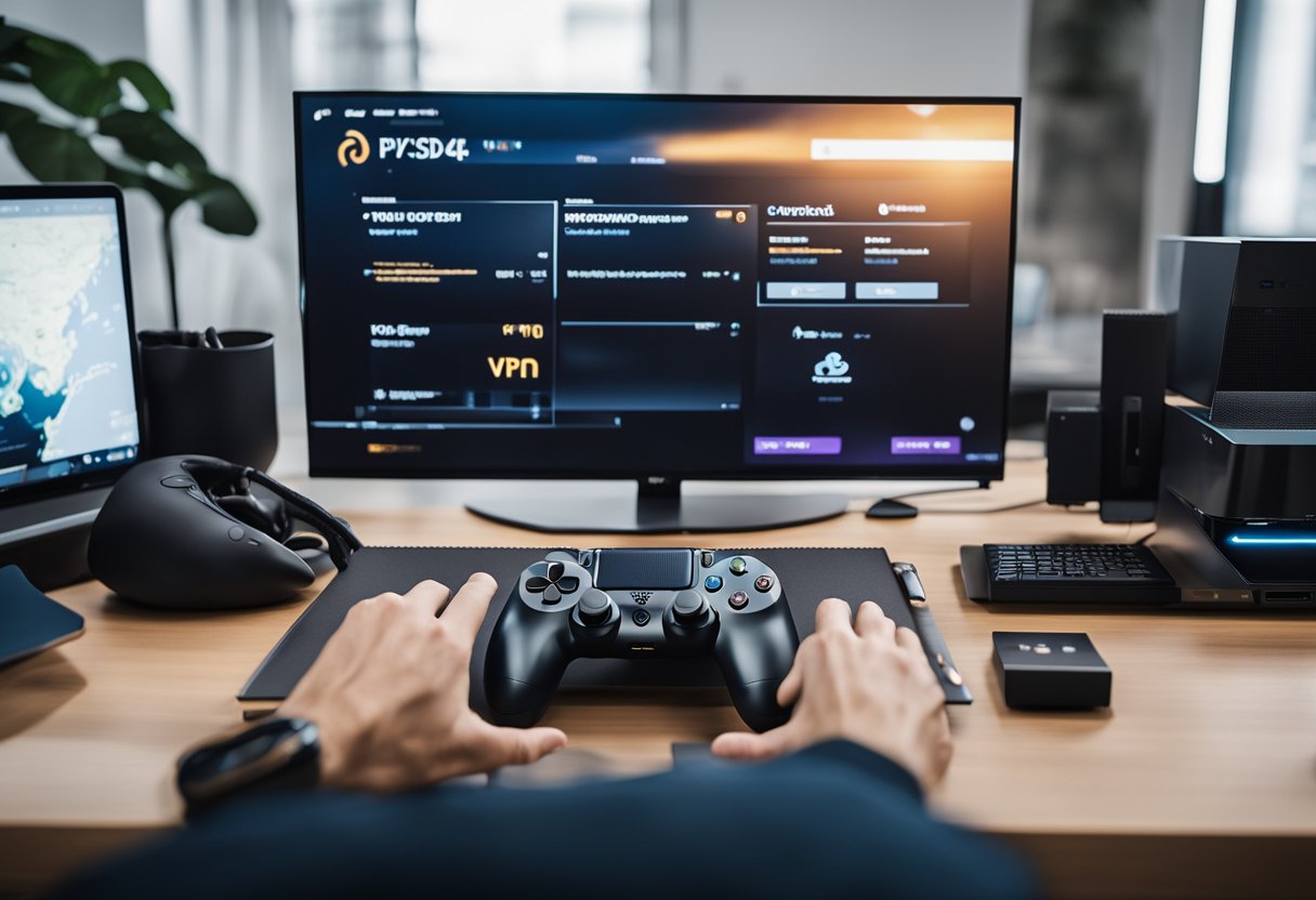 A person setting up a VPN on a PS4 or PS5, with a computer and gaming console on a desk, cables connected, and a VPN app interface on the screen