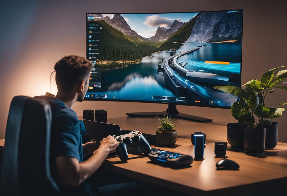 A person sitting in front of a PS4 or PS5, with a VPN setup screen on the console, and a laptop or smartphone nearby for reference