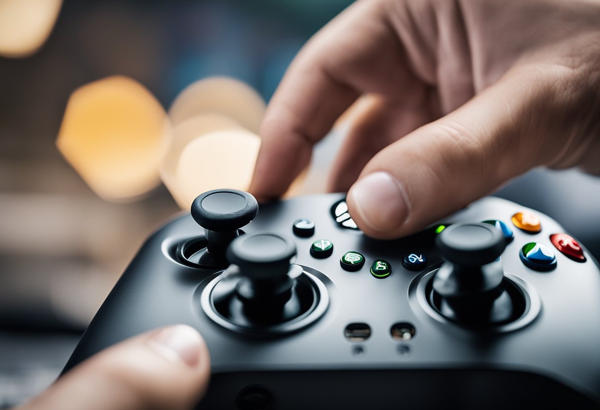 A hand holding an Xbox Series S controller, with a screen showing the process of installing VPN applications for use on the gaming console