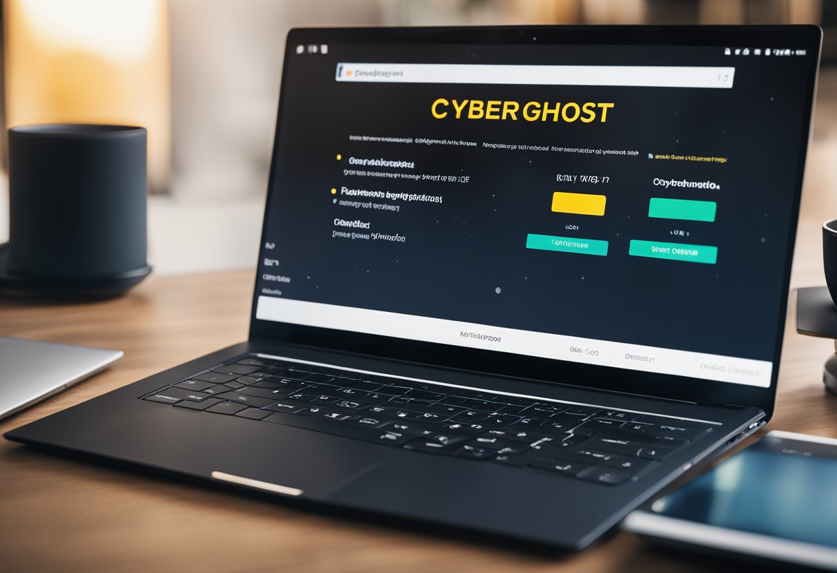 A laptop with the CyberGhost VPN interface open, showing the initial setup process with various options and settings visible on the screen
