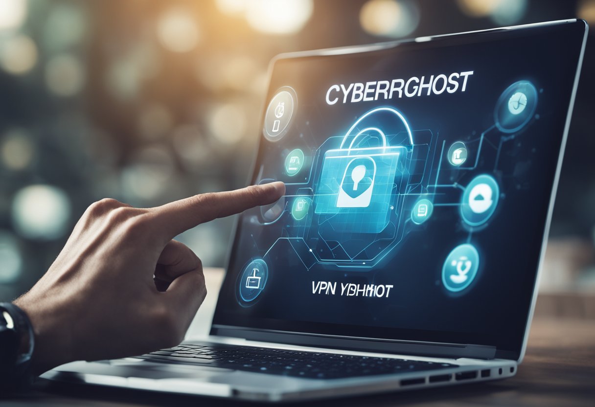 A hand presses a button on a laptop, connecting to a VPN server using CyberGhost VPN. The screen displays the connection process with a digital lock icon