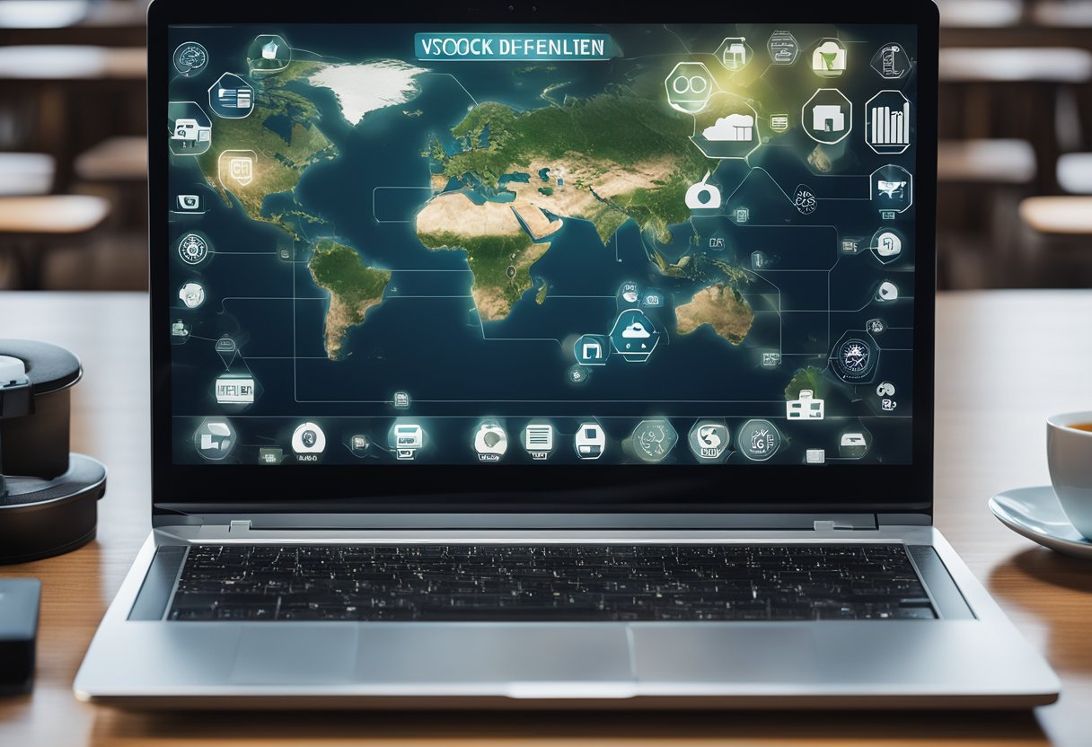 A laptop displaying the FortiClient VPN interface with a secure connection icon and a world map in the background