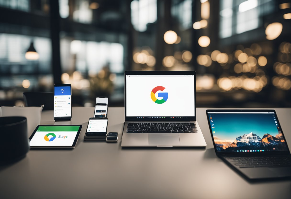 A smartphone, tablet, laptop, and desktop computer arranged in a row, each displaying the Google One VPN app open and connected