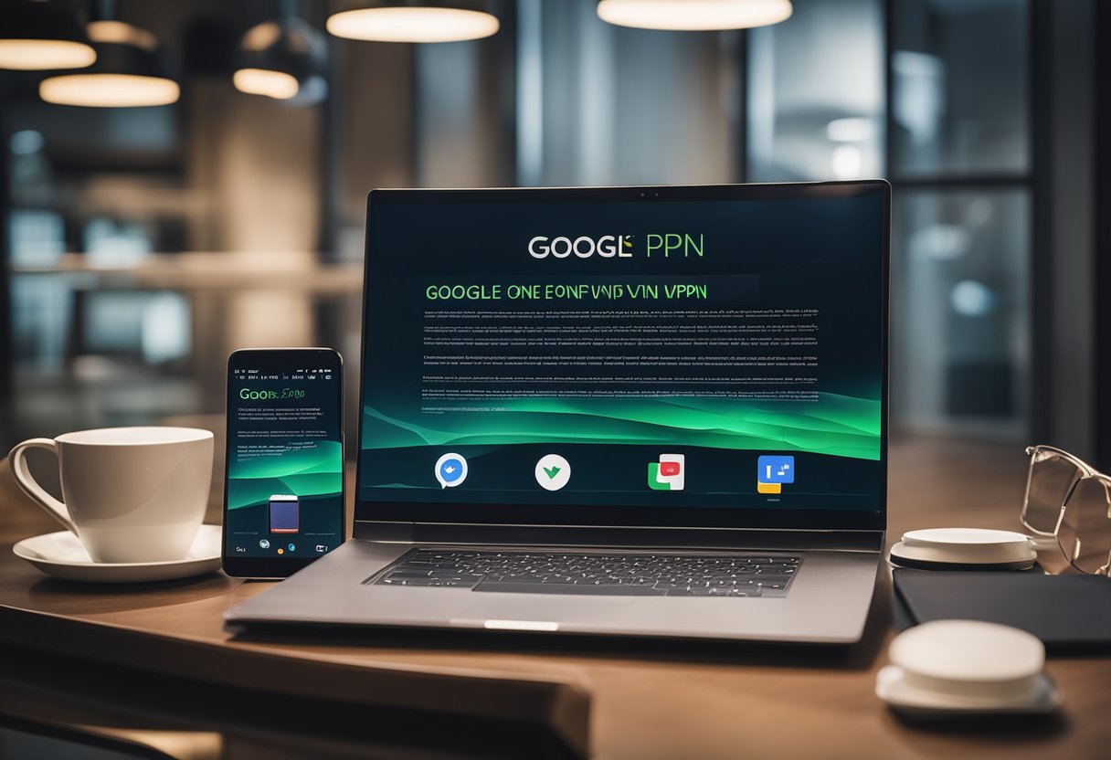 A laptop, smartphone, and computer displaying Google One VPN FAQs