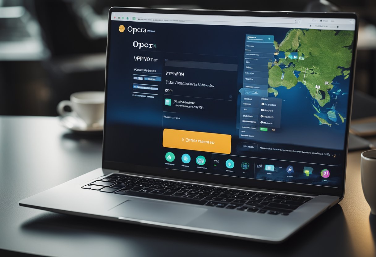 A laptop screen displays the Opera browser open to the VPN feature. The user's cursor clicks on the VPN icon, activating the secure connection