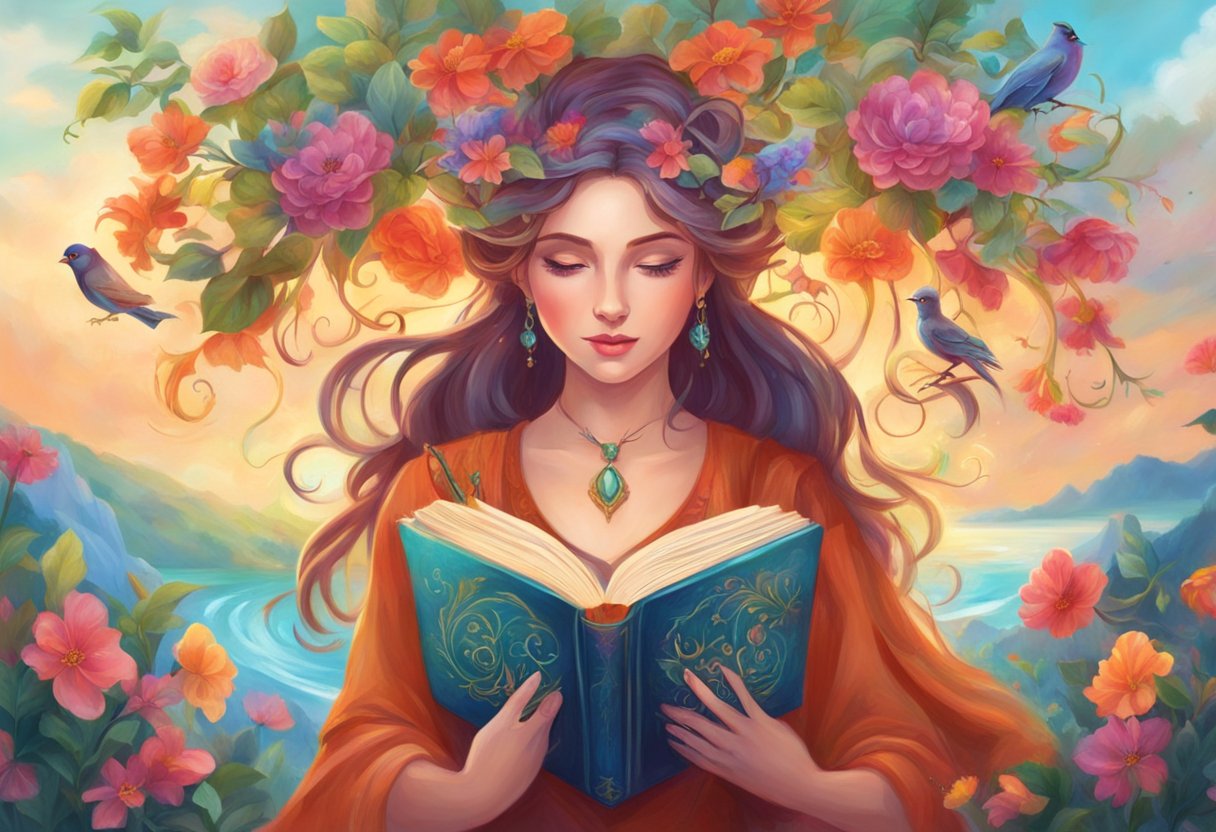 A book with the title "Sadie: Name Meaning" surrounded by colorful flowers and vines, symbolizing different origins and meanings