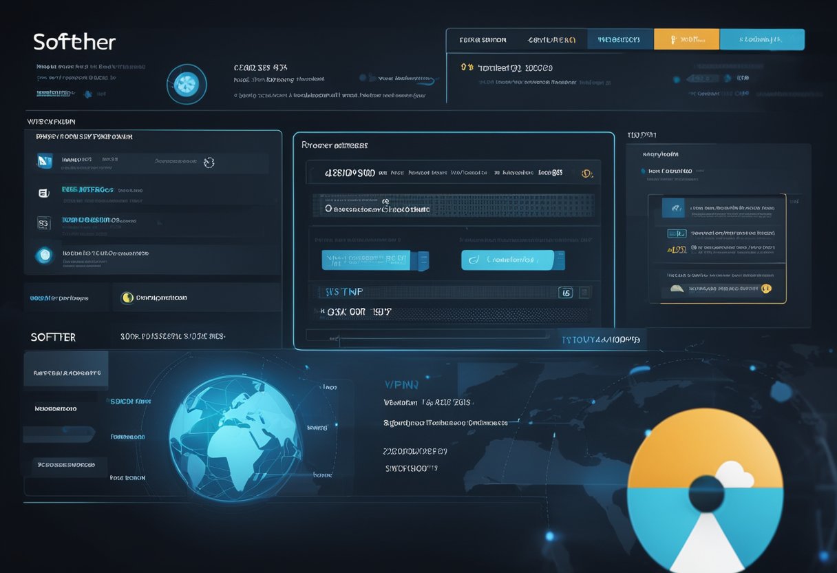 A computer screen displaying the installation and configuration process of SoftEther VPN, with various settings and options visible on the interface