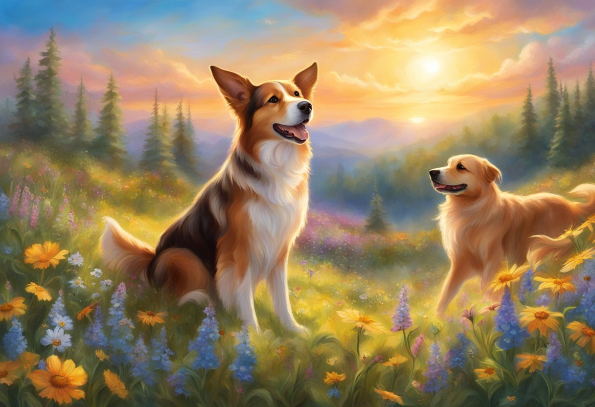 A joyful dog named Sadie plays in a field of wildflowers, surrounded by her siblings and friends. The sun shines brightly, casting a warm glow over the scene