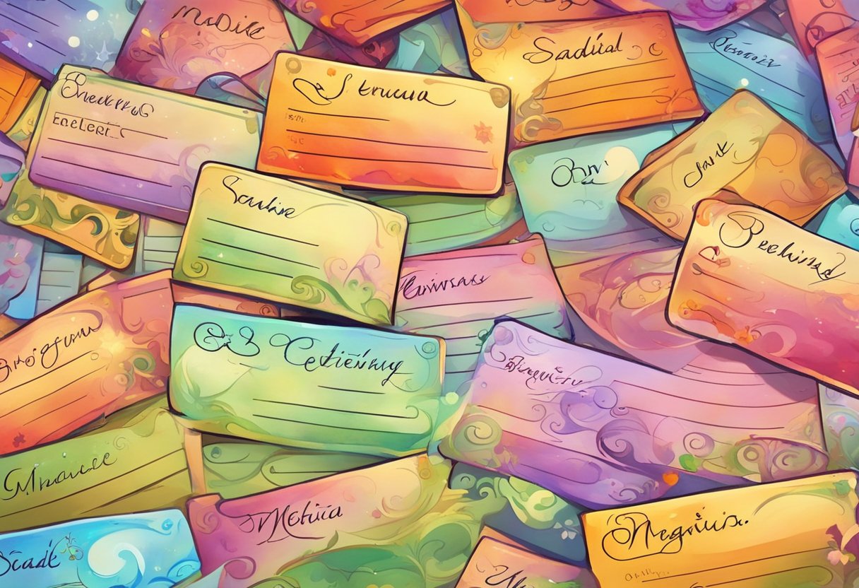 A colorful array of name tags with "Sadie" written on them in various fonts and styles, surrounded by a collection of baby name books and a computer screen displaying the name's origins and meanings