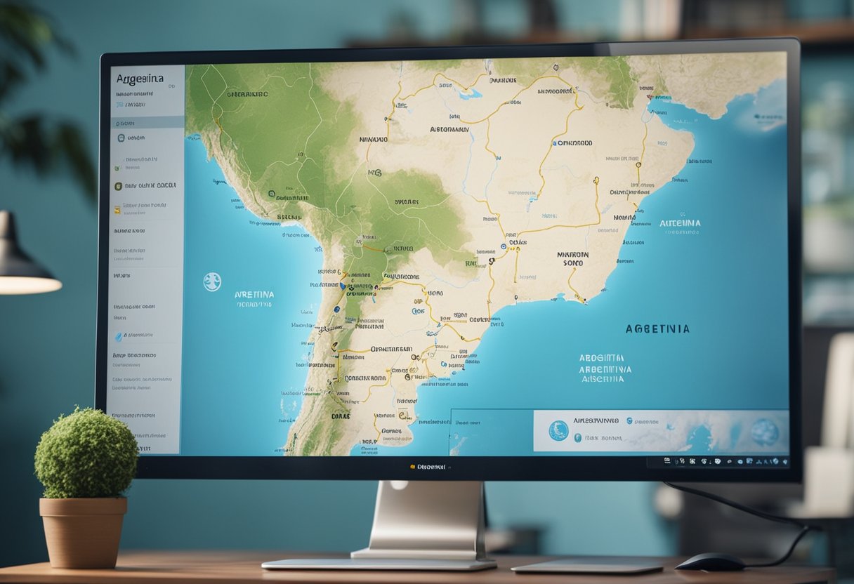 A computer screen displaying a map of Argentina with a VPN connection symbol