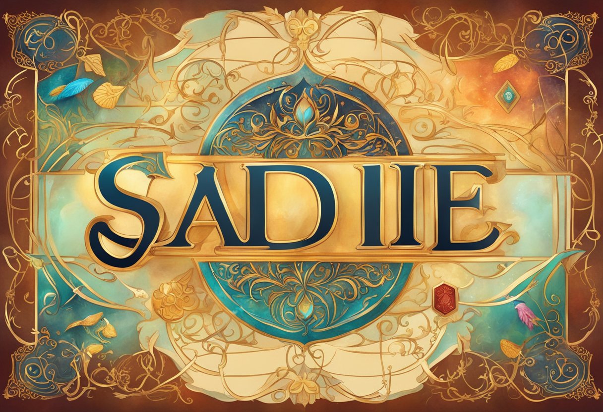 A book cover featuring the name "Sadie" in bold, elegant lettering surrounded by various symbols representing popularity, origins, and meanings