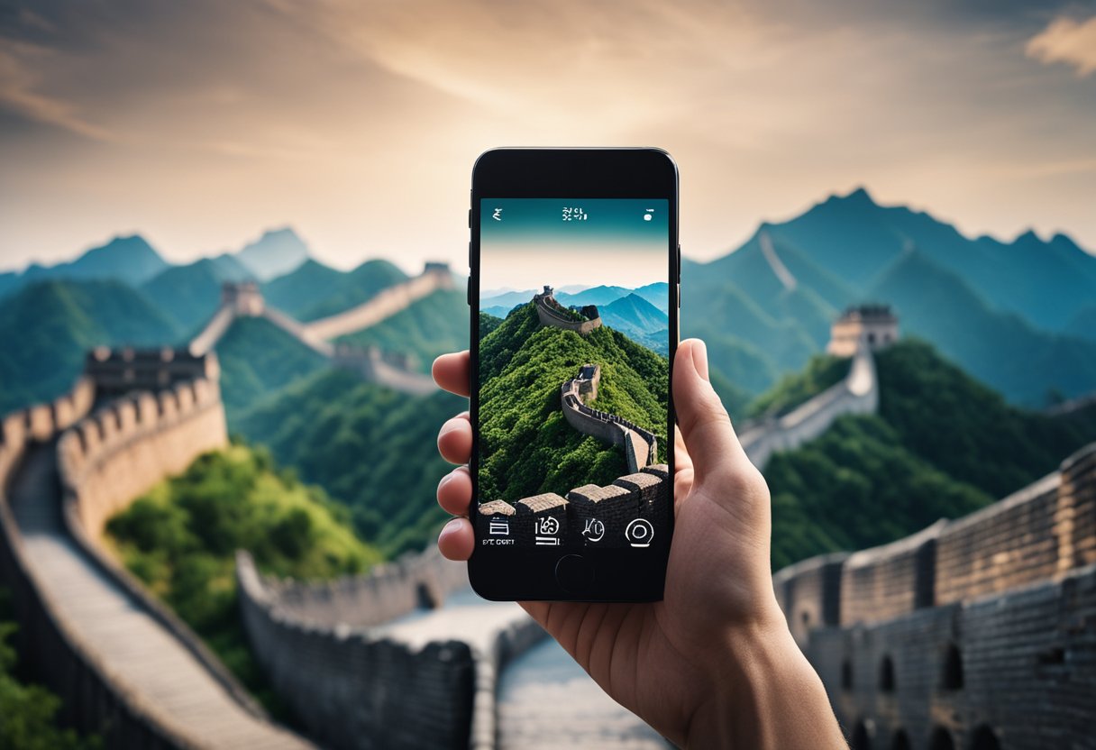 A person's hand holding a smartphone with a VPN app open, while a Great Wall of China is visible in the background