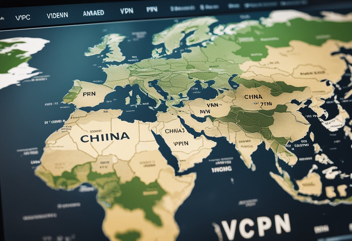 A computer screen displaying VPN settings with a map of China in the background