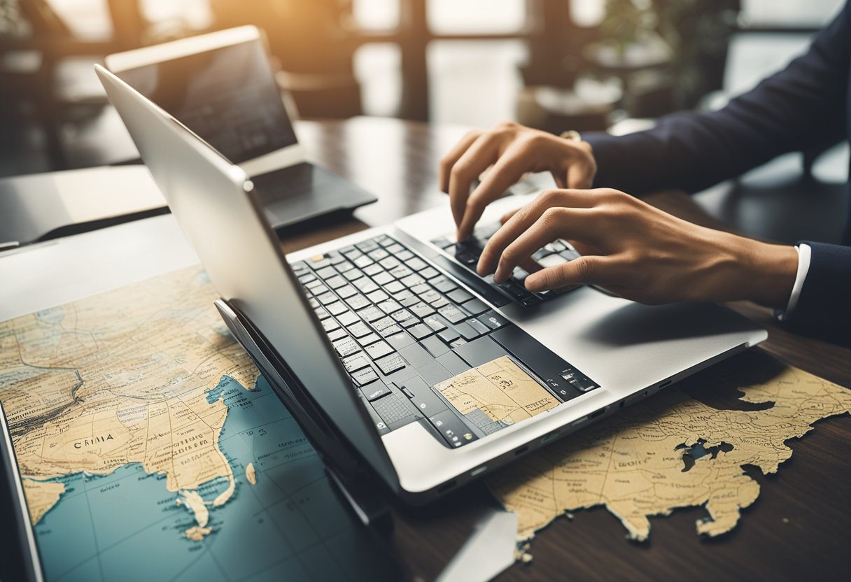 A person in China using a VPN, with a laptop and a map of China on the table