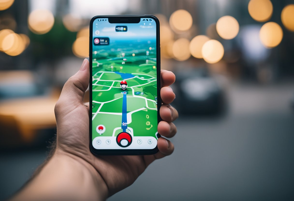 A smartphone with Pokémon Go open, connected to a VPN, with a map of the game world in the background