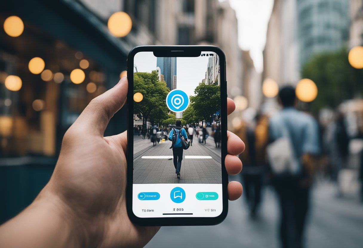 A person using a smartphone while walking, with a VPN icon and Pokémon Go app on the screen