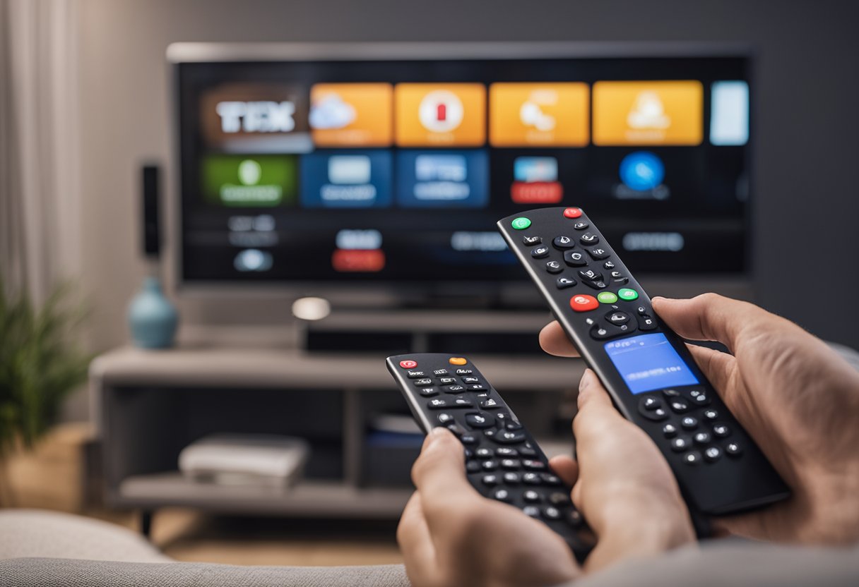 A hand holds a Samsung TV remote while another hand sets up a VPN on the TV screen. The TV is placed on a stand in a living room with a comfortable sofa in the background