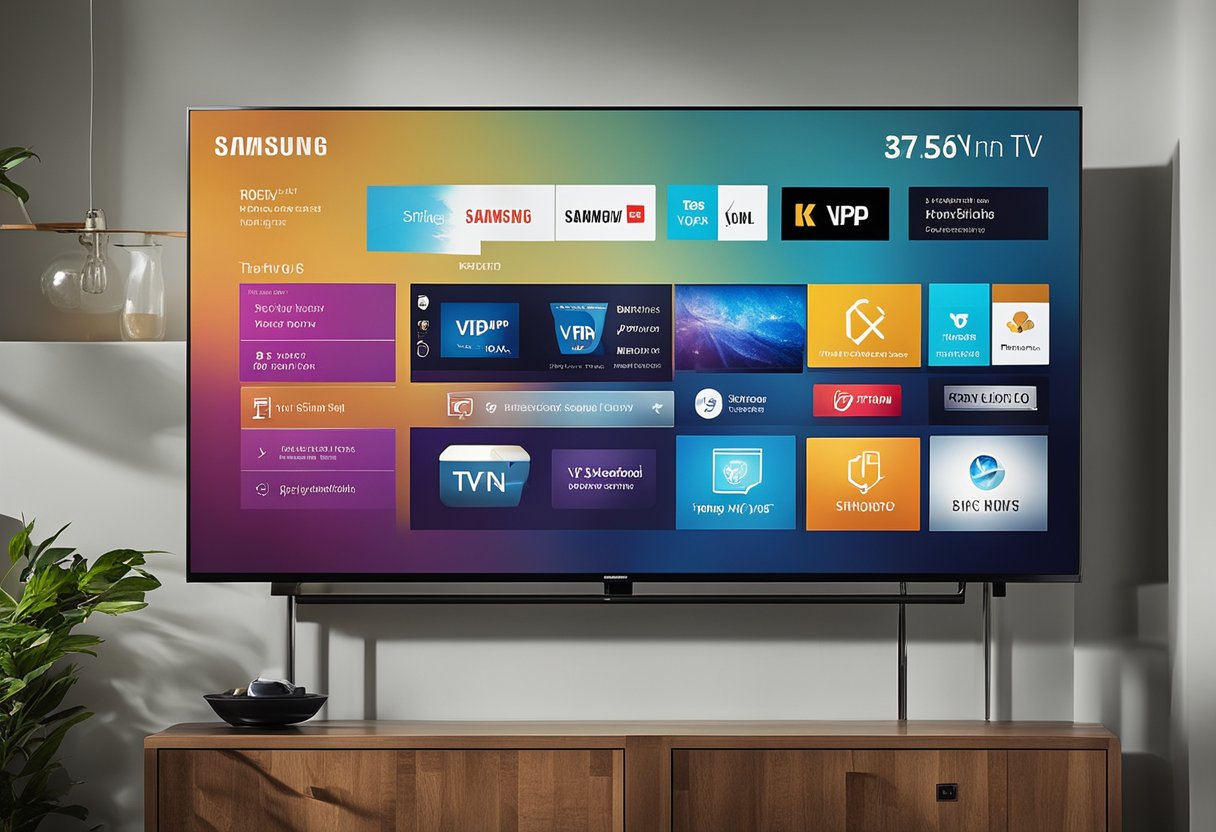 A Samsung TV with a VPN installation screen displayed, showing step-by-step instructions and options for setting up the VPN