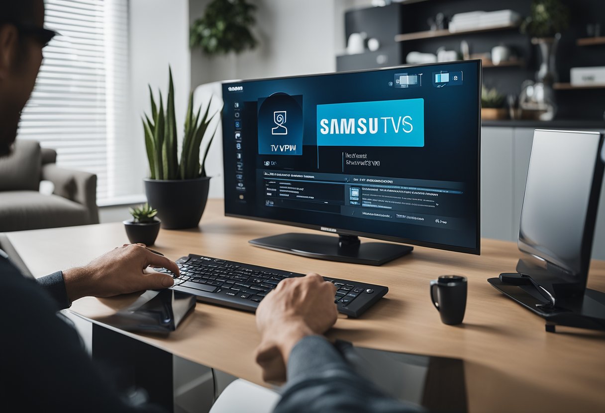 A person setting up a VPN on a Samsung TV using a remote and a laptop for instructions