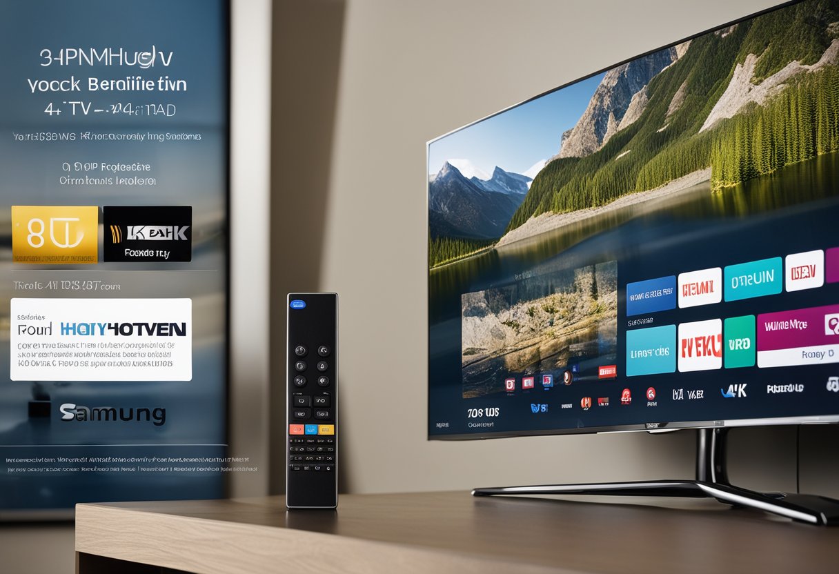 A Samsung TV with a VPN installation screen displayed, with a remote nearby and a user manual open