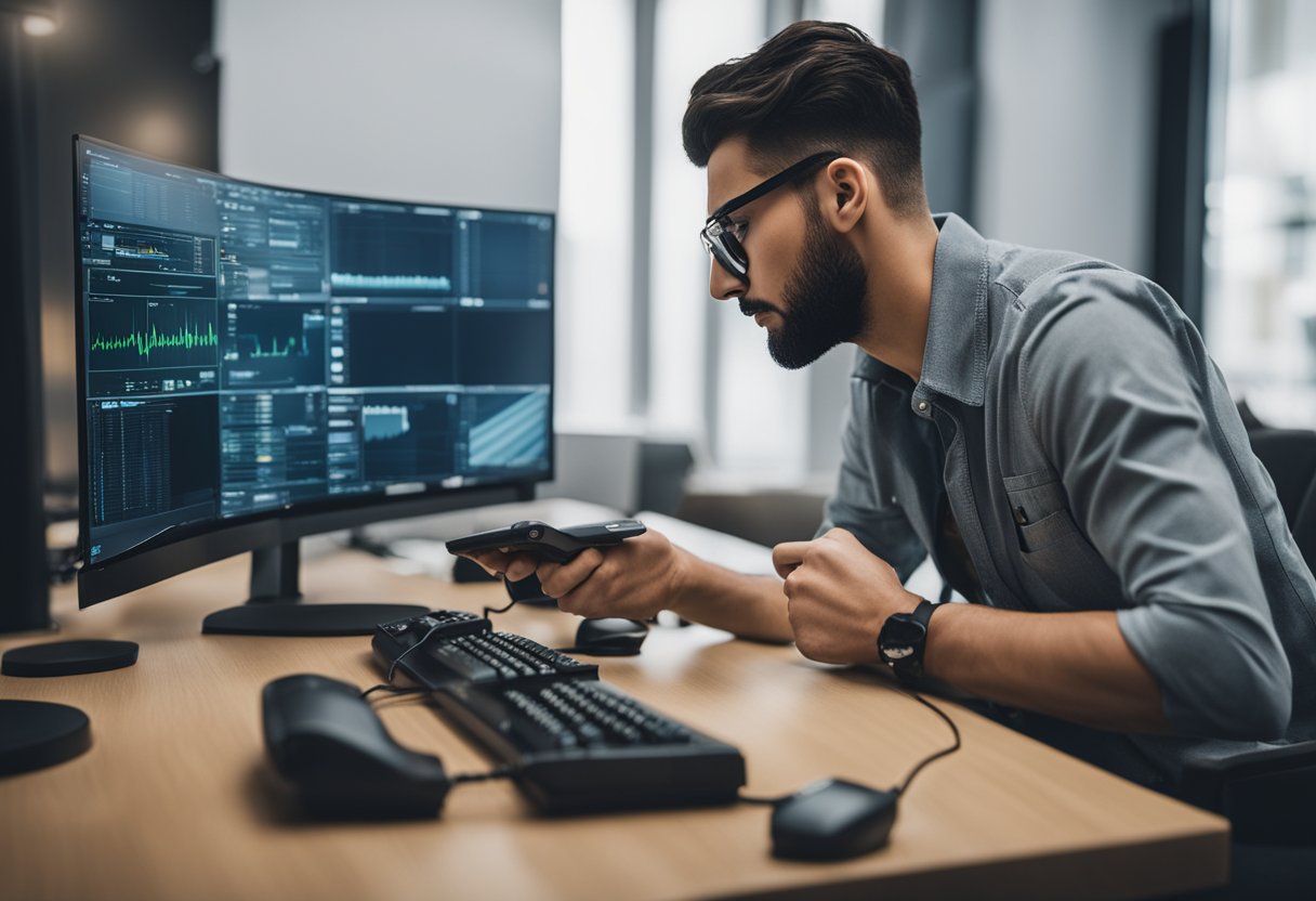 A person troubleshooting VPN for Warzone, with a computer, gaming console, and router in the background