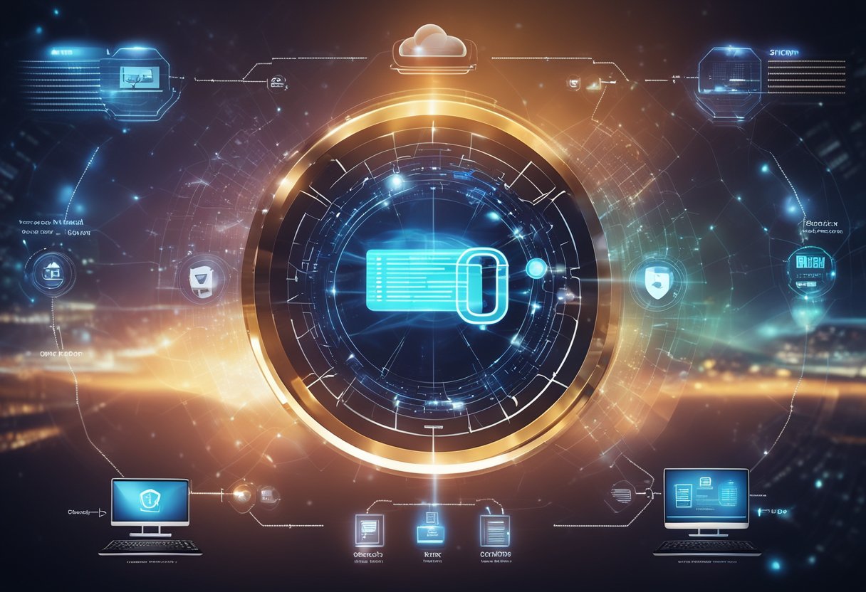 An array of VPN protocol options displayed on a futuristic holographic interface, with data encryption and security features highlighted