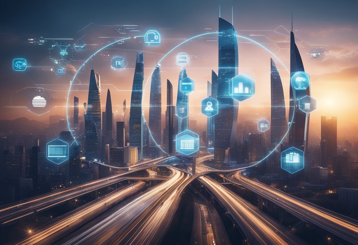 A futuristic city skyline with holographic displays showcasing popular VPN protocols in 2024. A figure navigates through the virtual network, selecting the best protocol