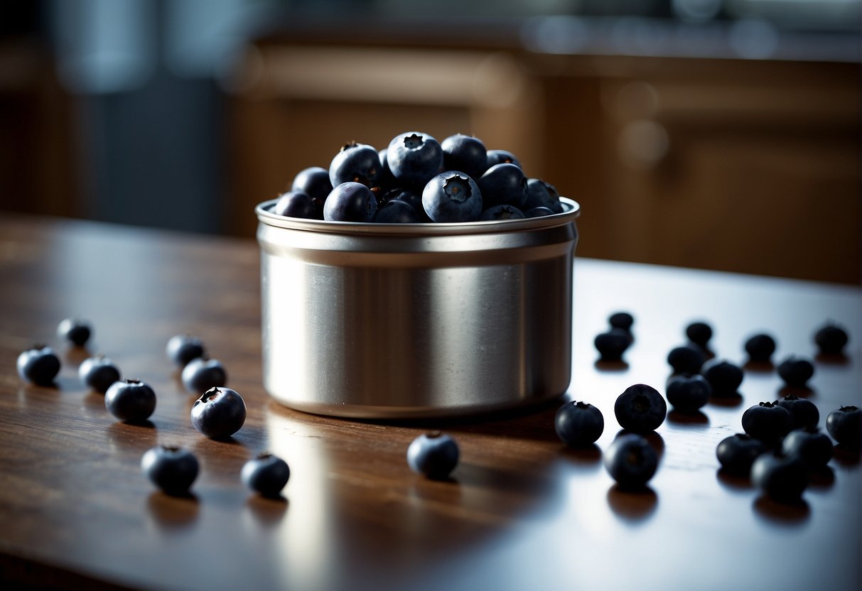 A can of blueberries sits open on a countertop, with a few berries spilling out onto the surface