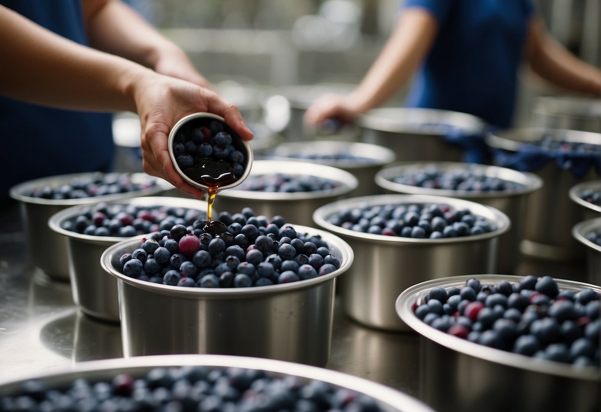 Blueberries being washed, sorted, and placed in cans. Syrup being poured over the berries before sealing the cans. Labels being applied to the finished product