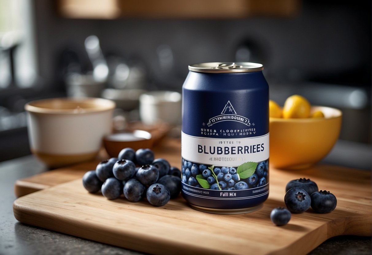 A can of blueberries sits open on a kitchen counter, surrounded by baking ingredients and recipe books