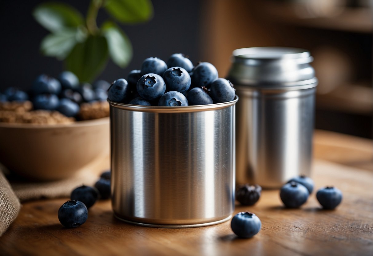 Fresh blueberries being carefully placed into a can, sealed, and labeled with nutritional information