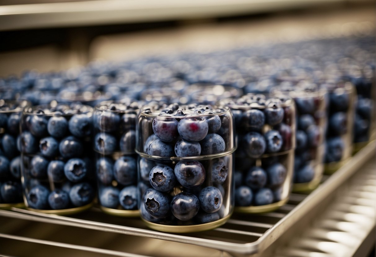 Canned blueberries stacked on a shelf, with expiration dates visible