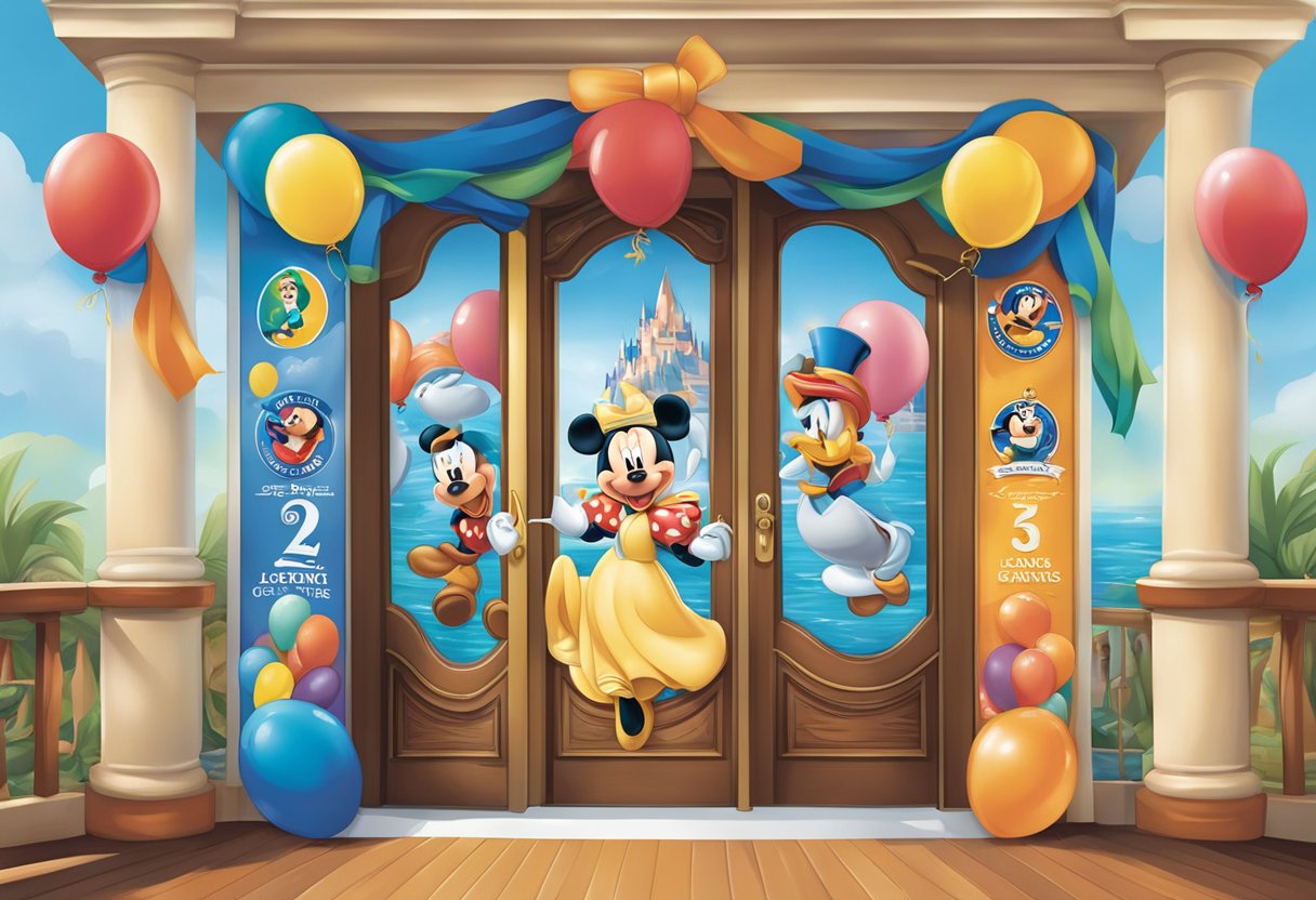 Colorful Disney cruise door decorations featuring characters, balloons, and banners