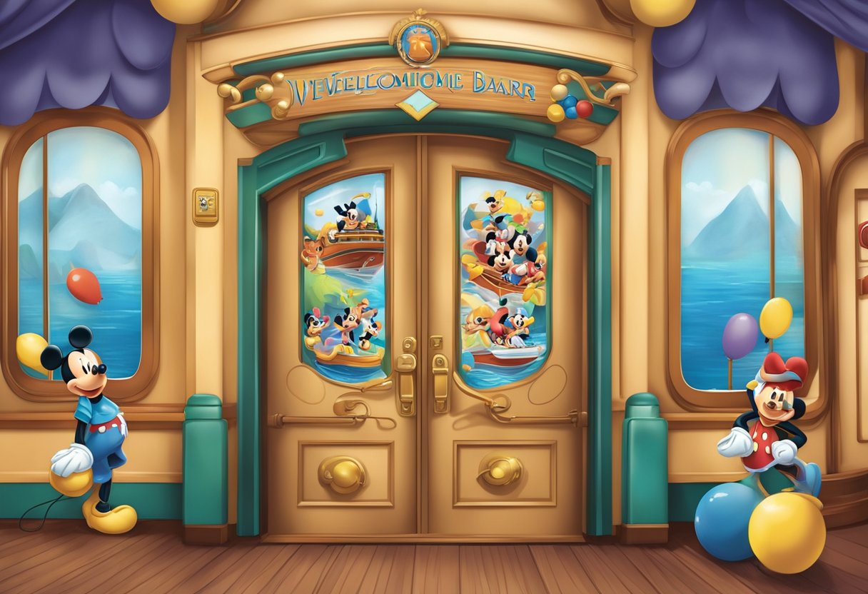 A colorful Disney cruise door adorned with themed decorations, including characters, Mickey ears, and a personalized sign, welcoming guests on board