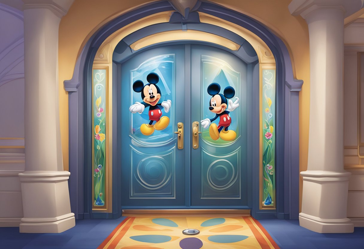 Colorful Disney-themed door decorations adhere to cruise policies, adding magic to the hallway. Guests follow guidelines for a festive and welcoming atmosphere