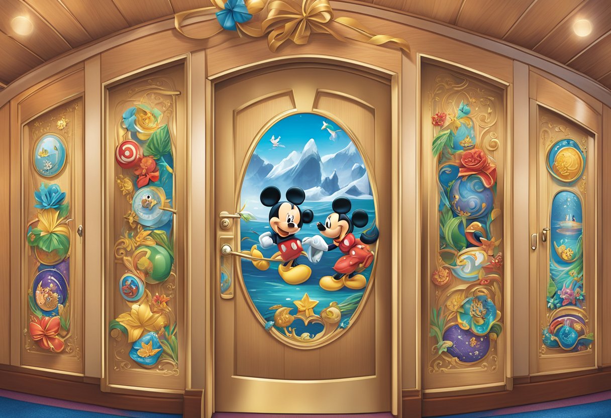 A colorful array of Disney-themed decorations adorns cruise cabin doors, featuring characters, symbols, and glittering accents