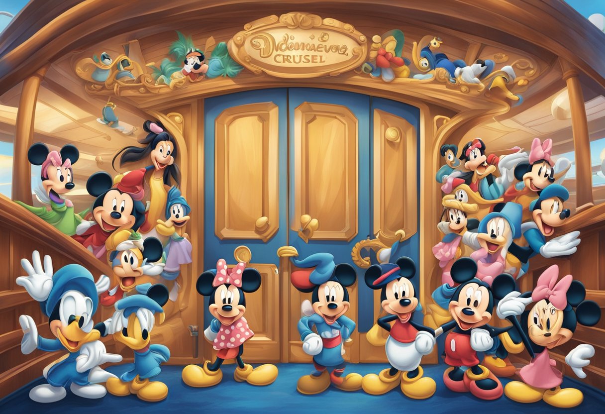 Colorful Disney characters adorn a cruise ship door, with Mickey Mouse, Minnie Mouse, and other beloved characters, surrounded by nautical elements and a welcoming message