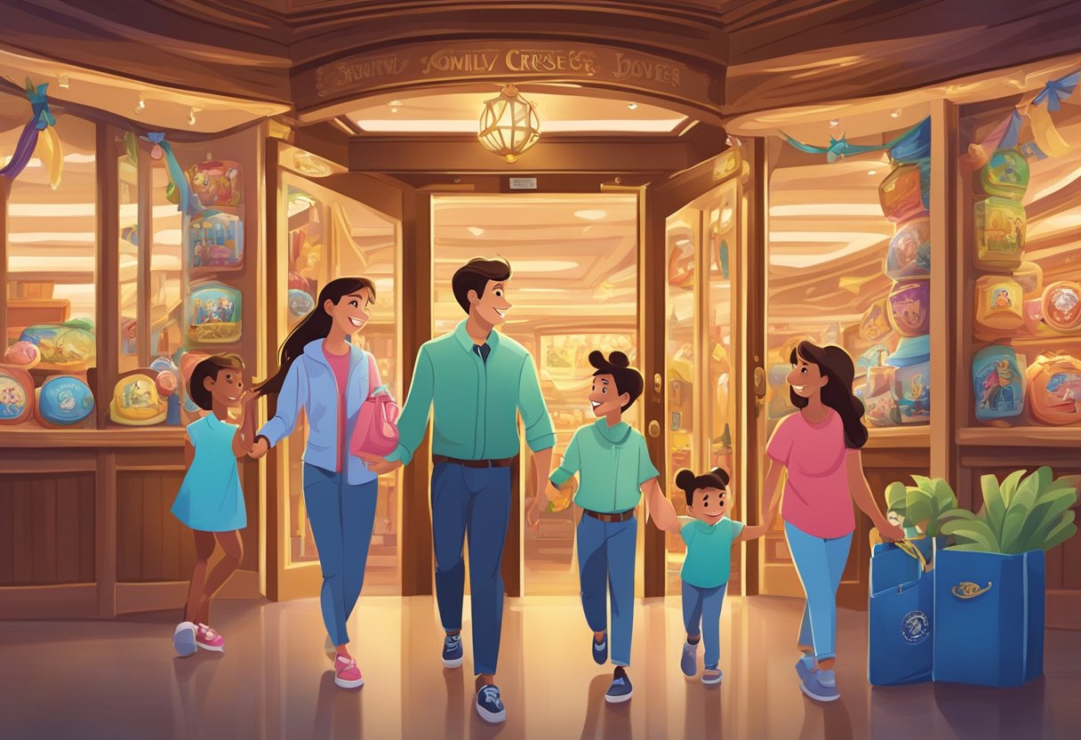 A family joyfully buys Disney cruise door decorations at a souvenir shop