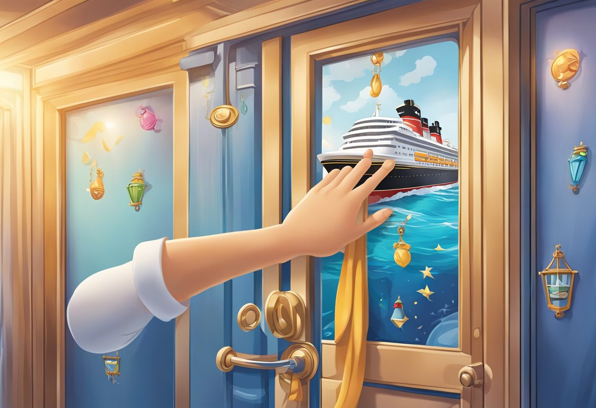 A hand reaches out to hang Disney-themed decorations on a cruise ship door. Later, the same hand removes the decorations, leaving behind a clean door