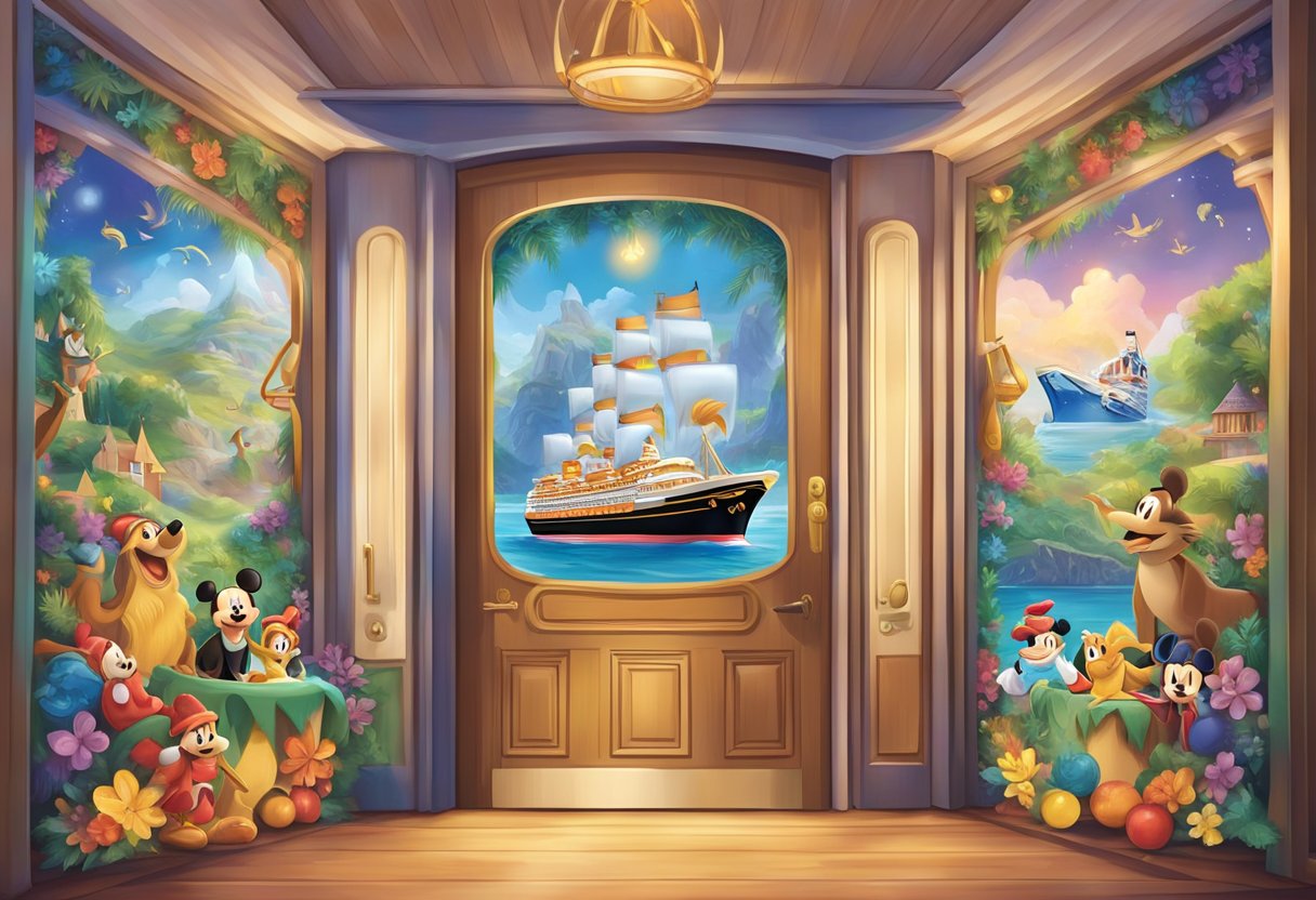 Colorful Disney cruise door decorations are displayed, showcasing community and sharing. Various characters and themes are depicted, creating a festive and welcoming atmosphere