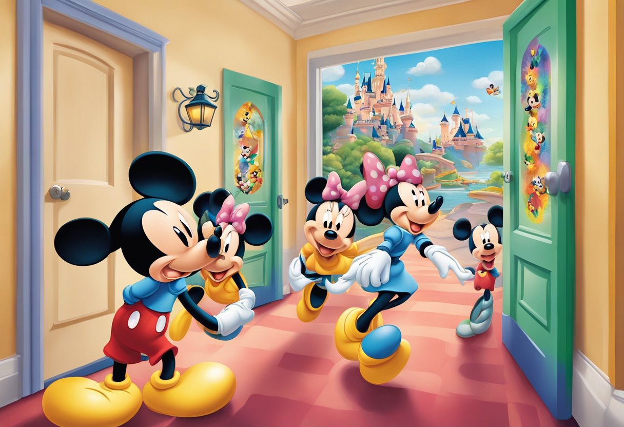 Colorful Disney-themed door decorations line the hallway, featuring characters like Mickey and Minnie, as excited families pass by on their way to enjoy their cruise