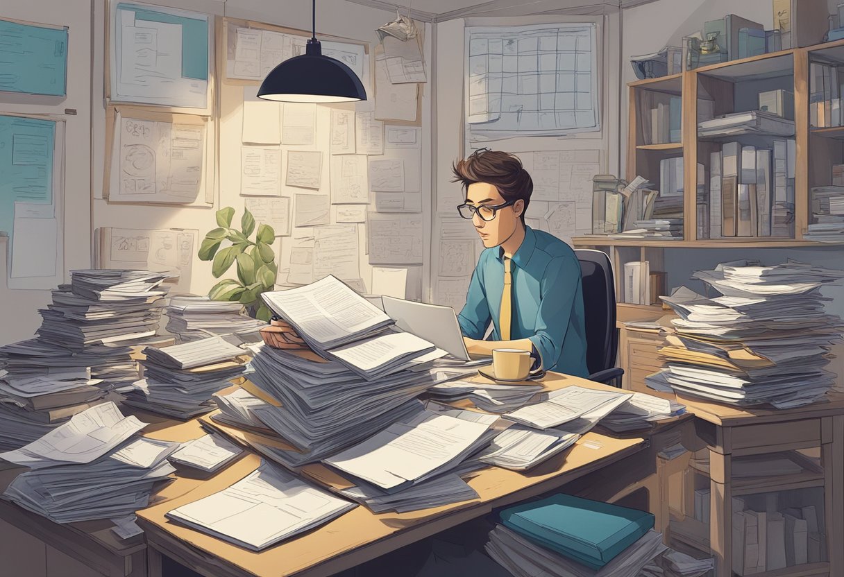 A cluttered desk with scattered papers and pens, a person staring blankly at the ceiling, surrounded by distractions