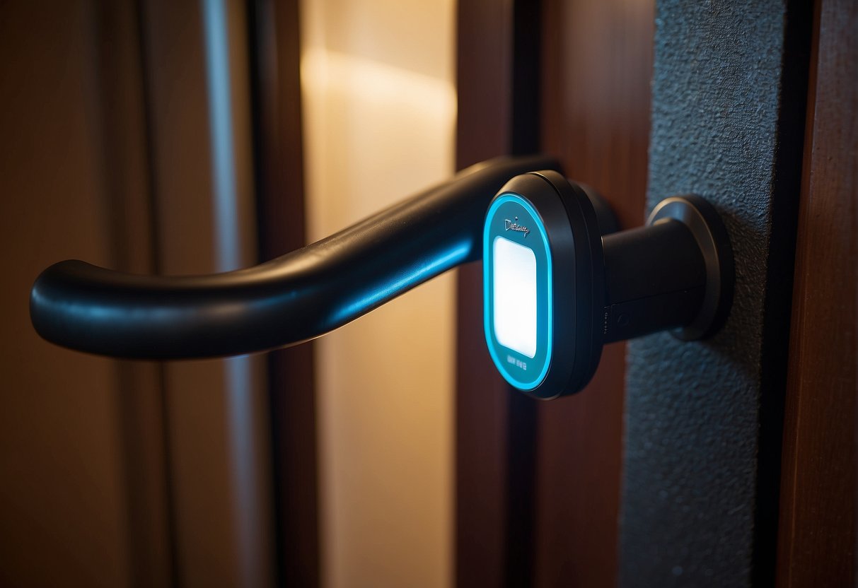 A Disney Cruise Magic Band is shown activating a door lock with a glowing light